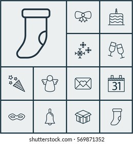 Set Of 12 Celebration Icons. Includes Fireplace Decoration, Firecracker, Carnival Face And Other Symbols. Beautiful Design Elements.