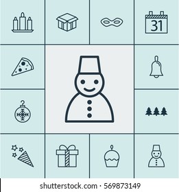 Set Of 12 Celebration Icons. Includes Sliced Pizza, Wax, Firecracker And Other Symbols. Beautiful Design Elements.