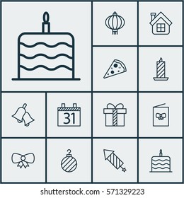 Set Of 12 Celebration Icons. Includes Gift, Celebration Card, Christmas Ball And Other Symbols. Beautiful Design Elements.