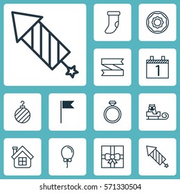 Set Of 12 Celebration Icons. Includes Gift Surprise, Flag Point, Residential And Other Symbols. Beautiful Design Elements.