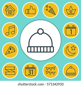 Set Of 12 Celebration Icons. Includes Knitted Cap, Agenda, Firecracker And Other Symbols. Beautiful Design Elements.