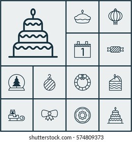 Set Of 12 Celebration Icons. Includes Magic Sphere, Dessert, Doughnut And Other Symbols. Beautiful Design Elements.