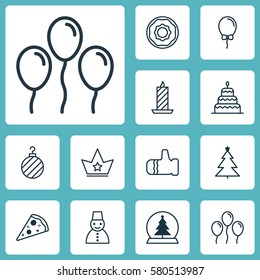 Set Of 12 Celebration Icons. Includes Christmas Ball, Decorated Tree, Air Ball And Other Symbols. Beautiful Design Elements.