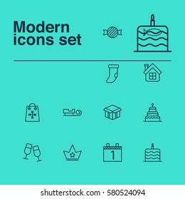 Set Of 12 Celebration Icons. Includes Agenda, Open Cardboard, Residential And Other Symbols. Beautiful Design Elements.