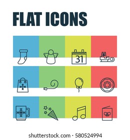 Set Of 12 Celebration Icons. Includes Doughnut, Date, Archangel And Other Symbols. Beautiful Design Elements.