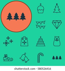 Set Of 12 Celebration Icons. Includes Brilliant, Birthday Cake, Star Snow And Other Symbols. Beautiful Design Elements.