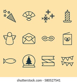 Set Of 12 Celebration Icons. Includes Magic Sphere, Greeting Email, Fire Wax And Other Symbols. Beautiful Design Elements.