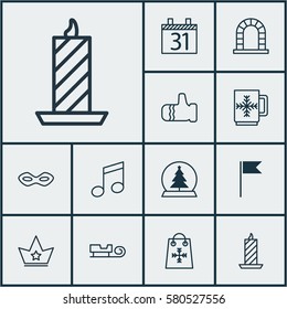 Set Of 12 Celebration Icons. Includes Trading, Mitten, Crotchets And Other Symbols. Beautiful Design Elements.