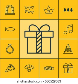 Set Of 12 Celebration Icons. Includes Fishing, Dessert, Arch And Other Symbols. Beautiful Design Elements.