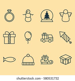 Set Of 12 Celebration Icons. Includes Fishing, Magic Sphere, Gift And Other Symbols. Beautiful Design Elements.