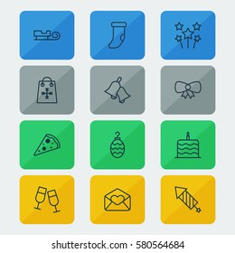 Set Of 12 Celebration Icons. Includes Celebration Cake, Sled, Christmas Toy And Other Symbols. Beautiful Design Elements.