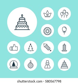 Set Of 12 Celebration Icons. Includes Snow Person, Christmas Ball, Magic Sphere And Other Symbols. Beautiful Design Elements.