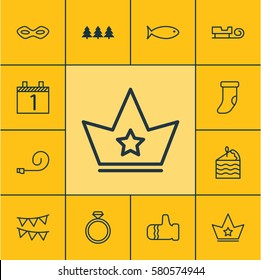 Set Of 12 Celebration Icons. Includes Fishing, Fireplace Decoration, Celebrate Whistle And Other Symbols. Beautiful Design Elements.