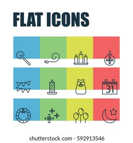 Set Of 12 Celebration Icons. Includes Air Ball, Tree Toy, Decorative Flags And Other Symbols. Beautiful Design Elements.