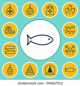 Set Of 12 Celebration Icons. Includes Tree Toy, Fishing, Christmas Toy And Other Symbols. Beautiful Design Elements.