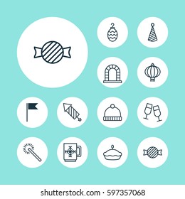 Set Of 12 Celebration Icons. Includes Flan, Traditional Lamp, Firework And Other Symbols. Beautiful Design Elements.