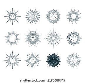 Conjunto de 12 imágenes de sol celestiales. Elementos de diseño místico para tarjetas esotéricas, tarot, tatuajes, pegatinas y brujería. Colección vectorial bohemia de ilustraciones aisladas en fondo blanco.