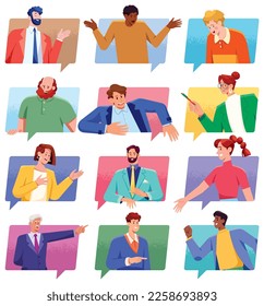 Set of 12 chat support cartoon avatars in speech bubbles.