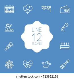 Set Of 12 Cheerful Outline Icons Set. Collection Of Firecrackers, Stars, Party And Other Elements.