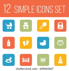 Set Of 12 Child Icons Set.Collection Of Maraca, Bear, Breastplate And Other Elements.