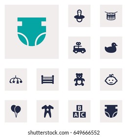 Set Of 12 Child Icons Set.Collection Of Barrel, Bear, Cot And Other Elements.