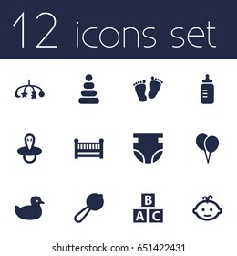 Set Of 12 Child Icons Set.Collection Of Teat, Duck, Hangings And Other Elements.