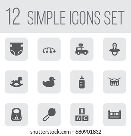 Set Of 12 Child Icons Set.Collection Of Teat, Milk, Equine And Other Elements.