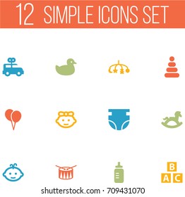 Set Of 12 Child Icons Set.Collection Of Equine, Bus, Barrel And Other Elements.