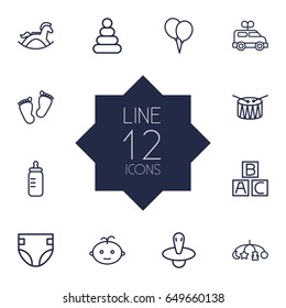 Set Of 12 Child Outline Icons Set.Collection Of Alphabet Cubes, Footprints, Rocking Horse And Other Elements.