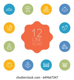 Set Of 12 Child Outline Icons Set.Collection Of Footprints, Baby, Toys And Other Elements.