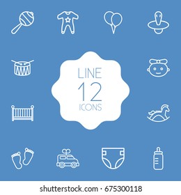 Set Of 12 Child Outline Icons Set.Collection Of Crib, Drum, Bottle And Other Elements.