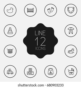 Set Of 12 Child Outline Icons Set.Collection Of Diaper, Rubber, Bib And Other Elements.