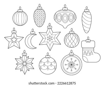 Set of 12 Christmas decorations. New year. Christmas. Coloring. Black and white vector illustration.