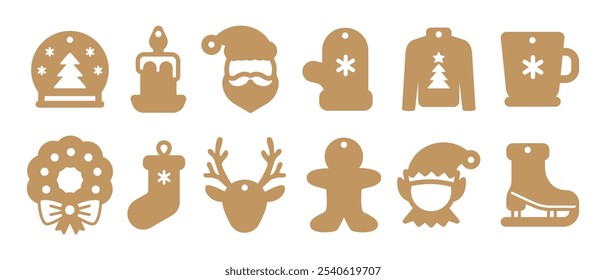 Set of 12 Christmas gift tags shapes for cutting. New Years and winter holiday tag stencils. Craft paper or cardboard label templates for gift wrapping