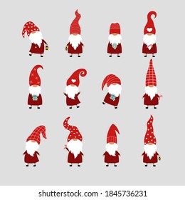 Set of 12 Christmas gnomes on a gray background. Vector card with gnomes in red hats.