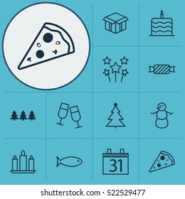 Set Of 12 Christmas Icons. Can Be Used For Web, Mobile, UI And Infographic Design. Includes Elements Such As Open, Schedule, Christmas And More.