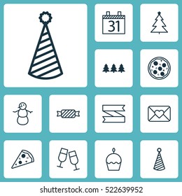 Set Of 12 Christmas Icons. Can Be Used For Web, Mobile, UI And Infographic Design. Includes Elements Such As Schedule, Slice, Pizza And More.