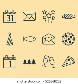 Set Of 12 Christmas Icons. Can Be Used For Web, Mobile, UI And Infographic Design. Includes Elements Such As Month, Birthday, Hat And More.