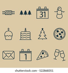 Set Of 12 Christmas Icons. Can Be Used For Web, Mobile, UI And Infographic Design. Includes Elements Such As Celebrate, Envelope, Calendar And More.