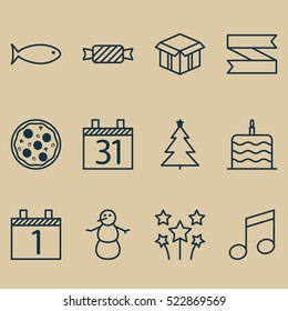 Set Of 12 Christmas Icons. Can Be Used For Web, Mobile, UI And Infographic Design. Includes Elements Such As Tree, Calendar, Date And More.