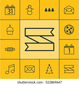 Set Of 12 Christmas Icons. Can Be Used For Web, Mobile, UI And Infographic Design. Includes Elements Such As Greeting, Pizzeria, Candy And More.