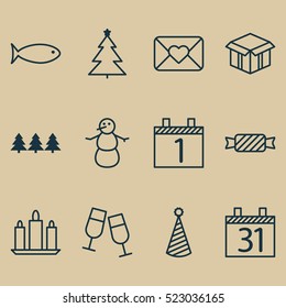 Set Of 12 Christmas Icons. Can Be Used For Web, Mobile, UI And Infographic Design. Includes Elements Such As Sweet, Calendar, Fish And More.