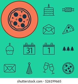 Set Of 12 Christmas Icons. Can Be Used For Web, Mobile, UI And Infographic Design. Includes Elements Such As Muffin, Schedule, Pizza And More.