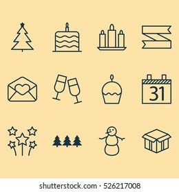 Set Of 12 Christmas Icons. Can Be Used For Web, Mobile, UI And Infographic Design. Includes Elements Such As Date, Tree, Glasses And More.