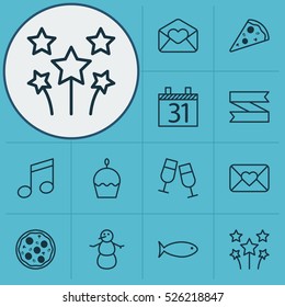 Set Of 12 Christmas Icons. Can Be Used For Web, Mobile, UI And Infographic Design. Includes Elements Such As Pizza, Calendar, Christmas And More.