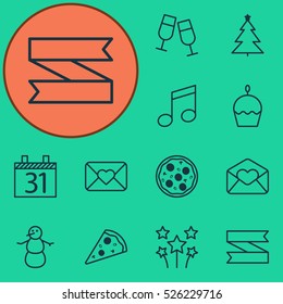 Set Of 12 Christmas Icons. Can Be Used For Web, Mobile, UI And Infographic Design. Includes Elements Such As Firework, Winter, Slice And More.