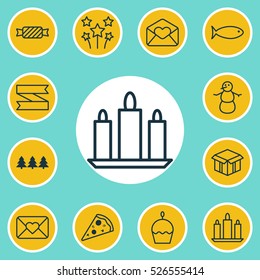 Set Of 12 Christmas Icons. Can Be Used For Web, Mobile, UI And Infographic Design. Includes Elements Such As Banner, Ribbon, Winter And More.
