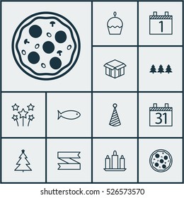 Set Of 12 Christmas Icons. Can Be Used For Web, Mobile, UI And Infographic Design. Includes Elements Such As Festive, Cardboard, Pizzeria And More.