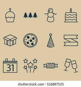 Set Of 12 Christmas Icons. Can Be Used For Web, Mobile, UI And Infographic Design. Includes Elements Such As Cupcake, Party, Sweet And More.