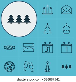 Set Of 12 Christmas Icons. Can Be Used For Web, Mobile, UI And Infographic Design. Includes Elements Such As Sweet, Greeting, Banner And More.